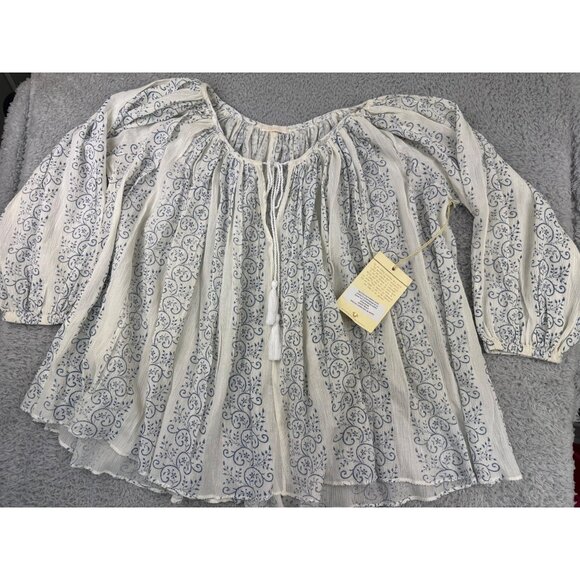 True Religion Womens Boho Top S Blue & White Trellis Print With Princess Seams - Picture 10 of 16